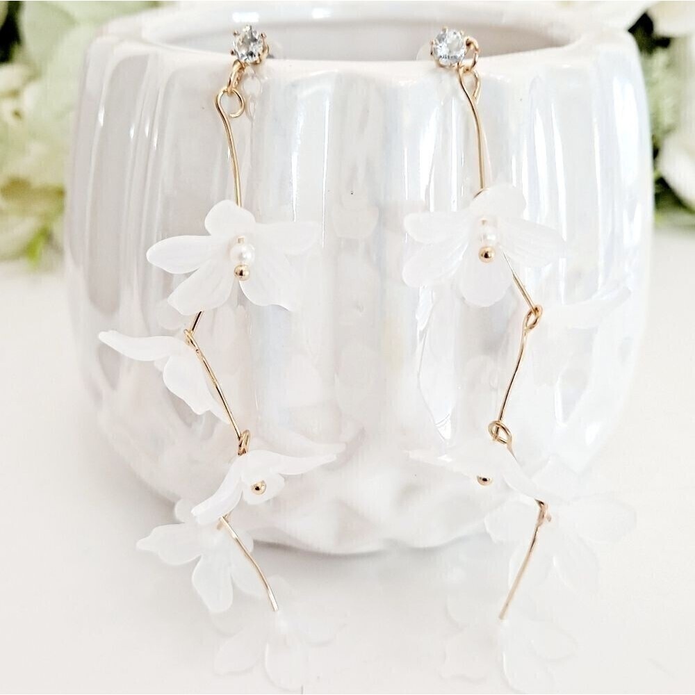 Gold statement Earrings Boho white Flower Clear Floral dangle dainty 2/$30
